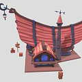 Cartoon Style Ship Shaped Building with Red Roof Blue Windows Spire and Wooden Barrels Signpost