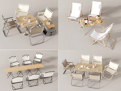 Outdoor Wooden Table with Folding Metal Chairs for Patio Garden Leisure Dining Set 3d model