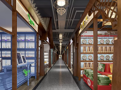 Shopping Mall Store Corridor With Shelves Product Displays Wooden Structures And Decorative Lights 3d model