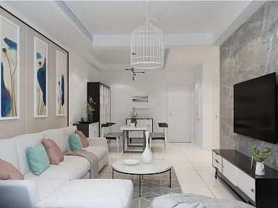 Modern Living and Dining Room Interior With White Sofa Throw Pillows And Cage Chandelier 3d model