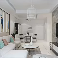 Modern Living and Dining Room Interior With White Sofa Throw Pillows And Cage Chandelier