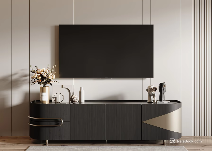 Modern Wooden TV Stand with Wall Mounted TV and Decorative Ornaments 3d model 