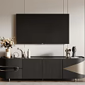 Modern Wooden TV Stand with Wall Mounted TV and Decorative Ornaments