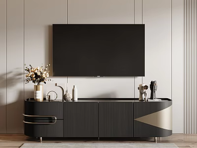 Modern Wooden TV Stand with Wall Mounted TV and Decorative Ornaments 3d model