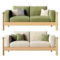 Modern Green And Beige Two Seater Sofas With Decorative Pillows And Wooden Frame