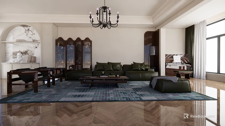 Elegant Living Room Sofa And Coffee Table Set With Chandelier And Decorative Rug 3d model 