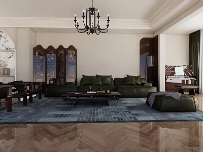 Elegant Living Room Sofa And Coffee Table Set With Chandelier And Decorative Rug 3d model