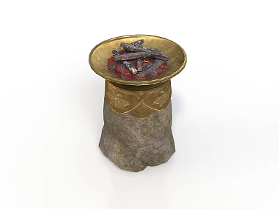 Stone Pedestal With Brass Bowl Filled With Black Charcoal Pieces And Ornate Gold Carvings On Base 3d model