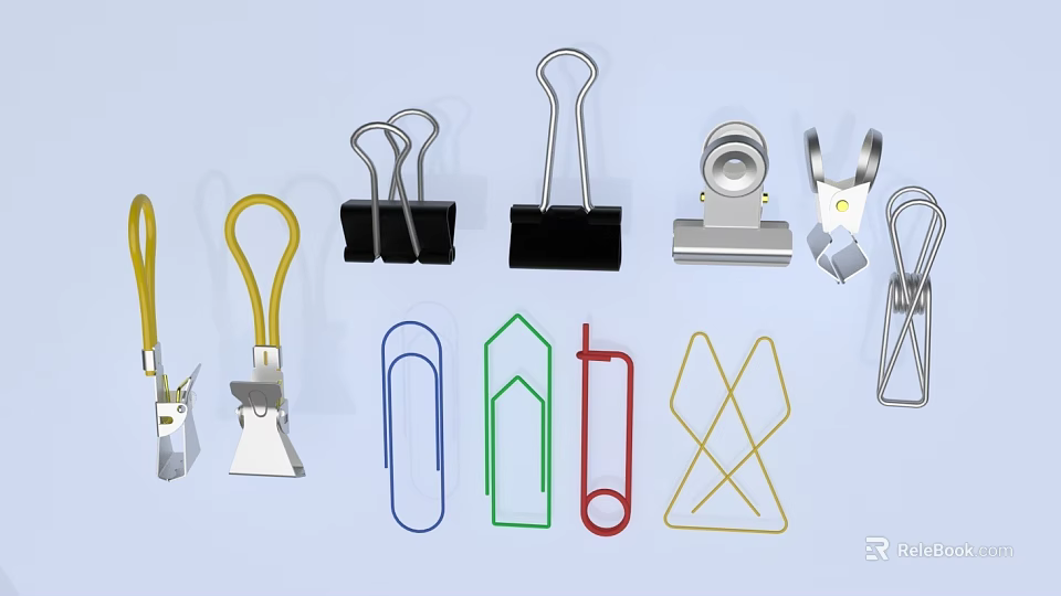 Various Assorted Colorful Metal Binder Clips And Paper Clips Collection 3d model 