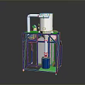Industrial Equipment With Blue Frame Silver Cylindrical Container Pipes And Blue Barrel At Bottom