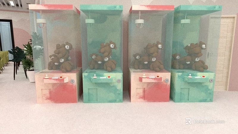 Four Pink And Green Claw Machines As Amusement Equipment Filled With Brown Stuffed Toys 3d model 