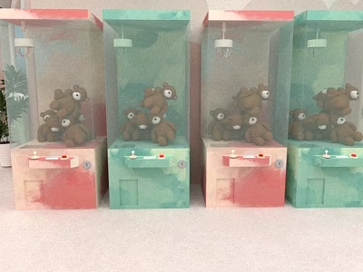 Four Pink And Green Claw Machines As Amusement Equipment Filled With Brown Stuffed Toys 3d model