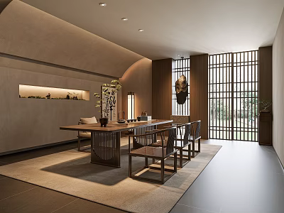 Modern Oriental Tea Room Interior With Long Wooden Table Chairs And Traditional Lattice Doors 3d model