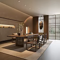 Modern Oriental Tea Room Interior With Long Wooden Table Chairs And Traditional Lattice Doors