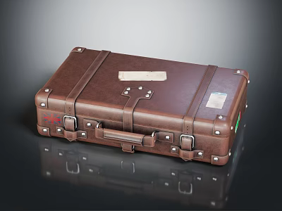 Vintage Brown Leather Suitcase With Metal Buckles Leather Straps And Vintage Labels 3d model