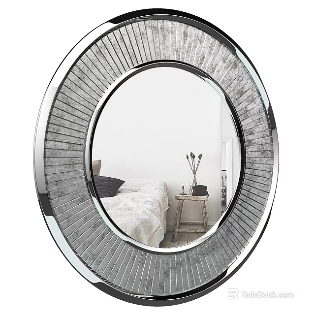Round Mirror with Striped Frame Reflecting Bedroom Scene with Bed Small Table and Vase 3d model 