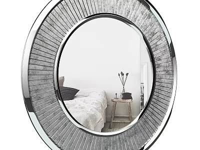 Round Mirror with Striped Frame Reflecting Bedroom Scene with Bed Small Table and Vase 3d model