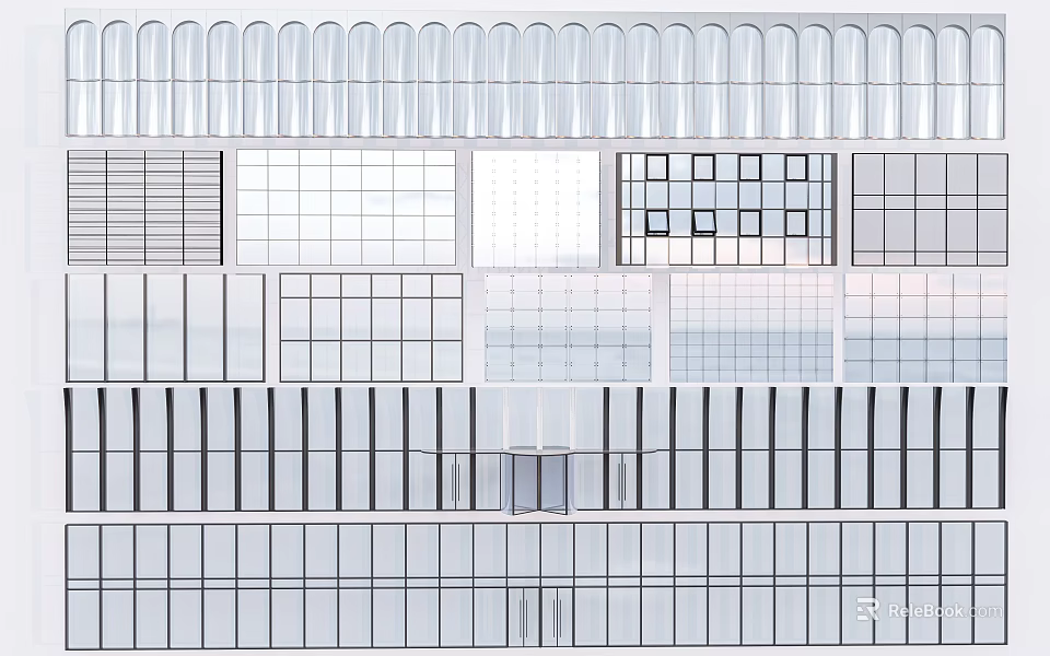 Different Glass Grille Window Designs With Various Line Patterns And Architectural Shapes 3d model 