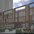 Modern Commercial Street Featuring Modern Architecture Glass Facades Outdoor Seating And Greenery