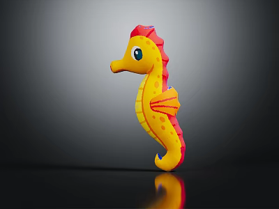 Yellow And Red Seahorse Toy With Orange Fins On Black Background 3d model