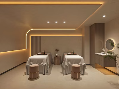 Spa Sauna Room With Two Massage Tables White Sheets Stools Soft Lighting Relaxing Modern Atmosphere 3d model