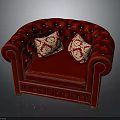 Luxurious Red Tufted Chesterfield Sofa With Rolled Arms And Patterned Pillows 3d model