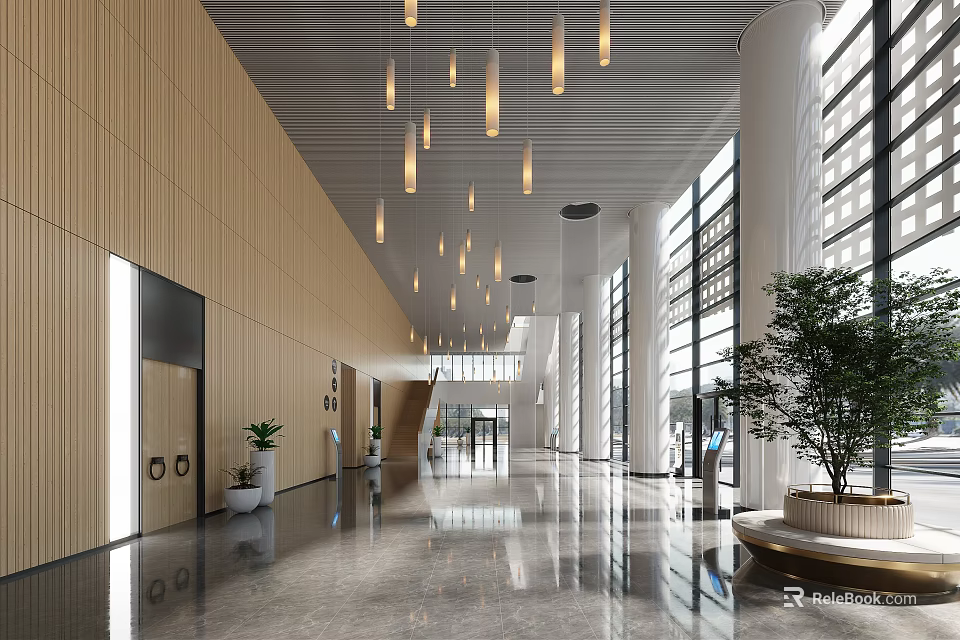 Bright Service Hall Interior Featuring Wooden Walls Hanging Pendant Lights Large Windows And Marble Floors 3d model 