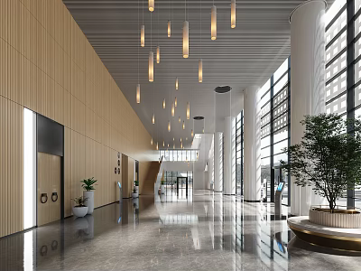 Bright Service Hall Interior Featuring Wooden Walls Hanging Pendant Lights Large Windows And Marble Floors 3d model