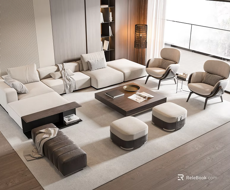 Modern Living Room Interior Design With Sofa Coffee Table Set Accent Chairs And Ottomans 3d model 