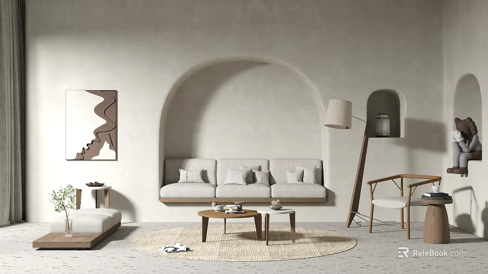 Light Gray Sofa and Wooden Coffee Table Set in Arched Niche with Floor Lamp and Rug 3d model 