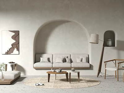 Light Gray Sofa and Wooden Coffee Table Set in Arched Niche with Floor Lamp and Rug 3d model