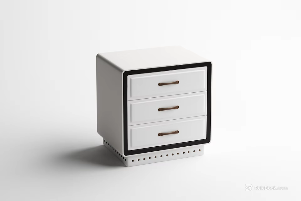 Modern Bedside Table With Three Drawers White Finish Black Trim And Perforated Base 3d model 