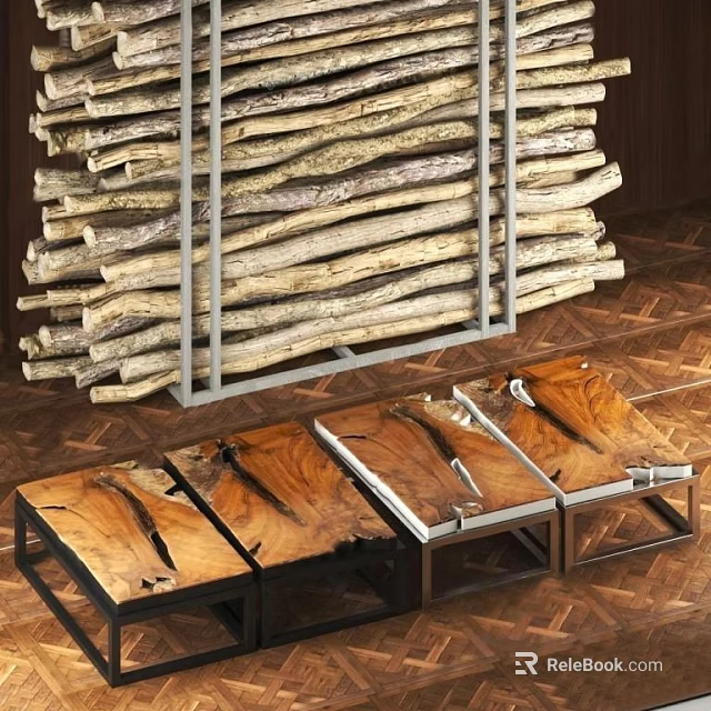 Natural Solid Wood Coffee Table With Metal Frame And Modern Rustic Design 3d model 