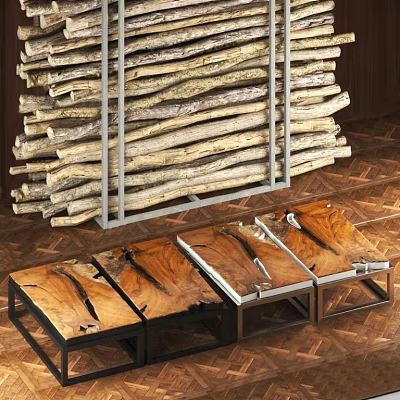 Natural Solid Wood Coffee Table With Metal Frame And Modern Rustic Design 3d model