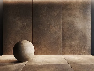 Rustic Textured Brown Sphere Placed On Smooth Floor With Brown Wall Background 3d model