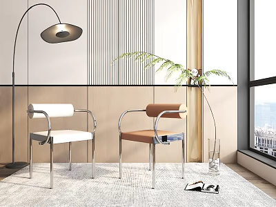 White Brown Metal Frame Leisure Chairs Near Floor Lamp Green Plant Window with City View 3d model