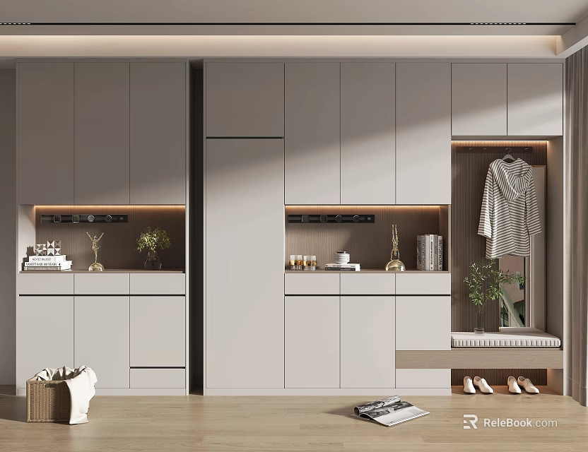 Modern Shoe Cabinet Design With Storage Compartments Clothing Hanger And Decorative Plants 3d model 