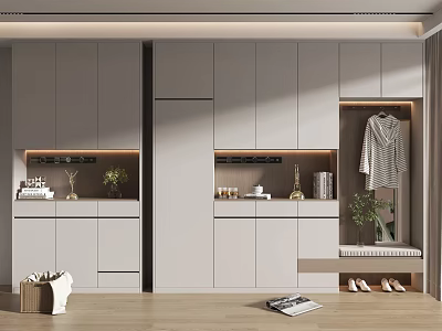 Modern Shoe Cabinet Design With Storage Compartments Clothing Hanger And Decorative Plants 3d model