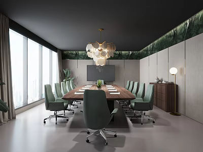 Modern Conference Room With Long Wooden Table Green Office Chairs Large Windows And Greenery Wall 3d model