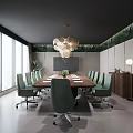 Modern Conference Room With Long Wooden Table Green Office Chairs Large Windows And Greenery Wall