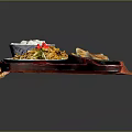Traditional Asian Food Platter with Dumplings Noodles Rice and Sauce on Wooden Tray