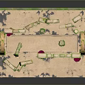 Ancient Scenic Landscape With Stone Pillars Arches Red Pedestals Green Vines And Sandy Ground