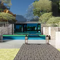 Modern Garden Landscape Design With Brick Wall Grid Gate Trees And Paved Pathway 3d model