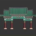 Traditional Chinese Architectural Gateway With Green Tiled Roof Red Pillars And Ornate Carvings