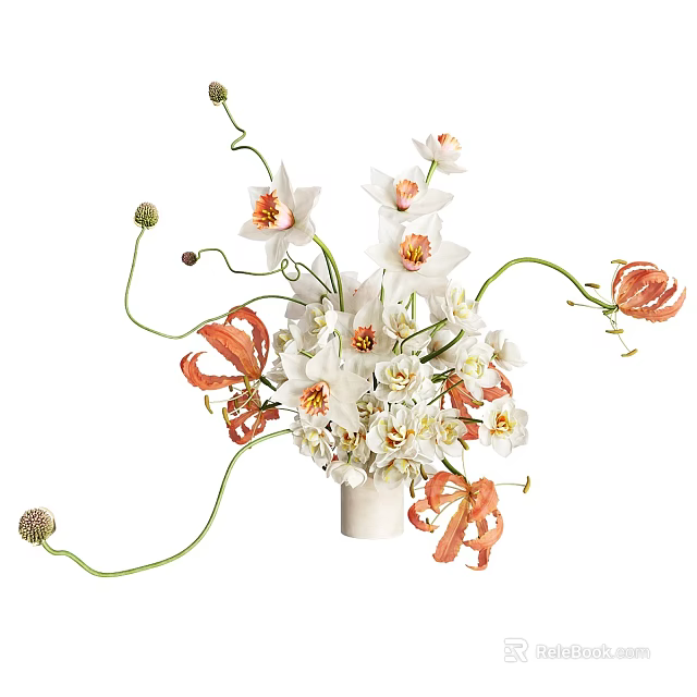 Elegant Decorative Ornament Set With White Orange Flowers And Green Stems In Vase 3d model 