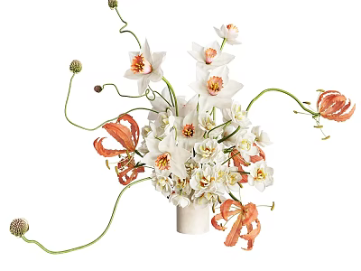 Elegant Decorative Ornament Set With White Orange Flowers And Green Stems In Vase 3d model