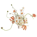 Elegant Decorative Ornament Set With White Orange Flowers And Green Stems In Vase