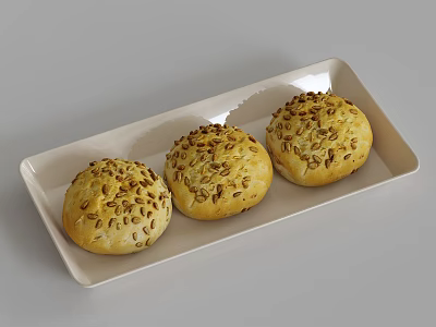 Three Fresh Seed Topped Bread Rolls On White Rectangular Plate 3d model