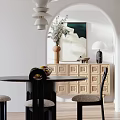 Modern Living and Dining Room Interior With Green Rug Pink Chairs And Marble Coffee Table