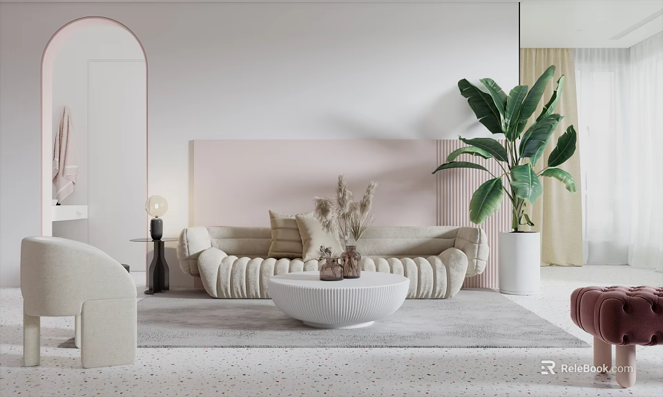 Modern Beige Sofa And Round Coffee Table Set With Dried Flowers And Large Green Plant 3d model 